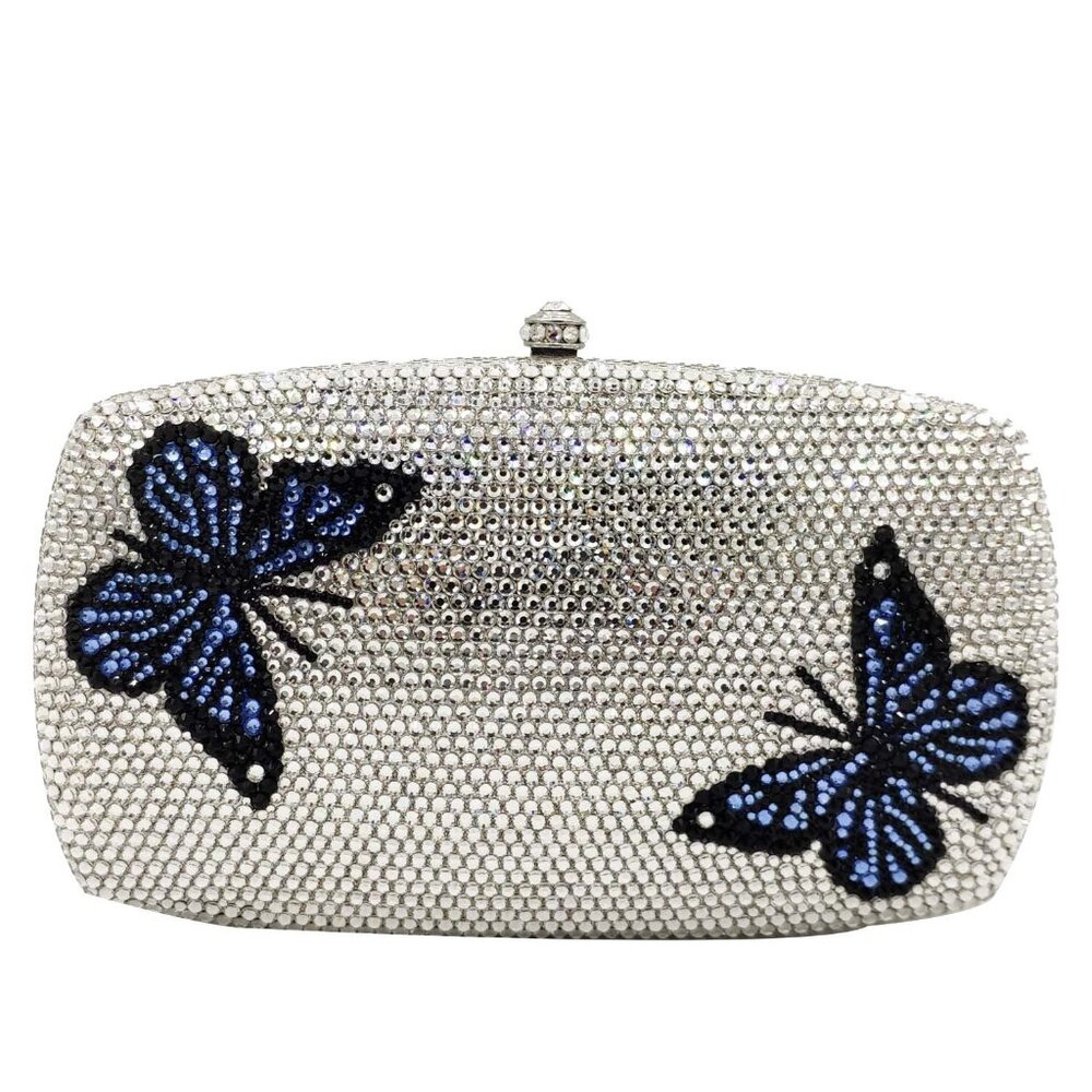 Silver Crystal Clutch with Blue Butterflies Luxury Evening Bag NWT